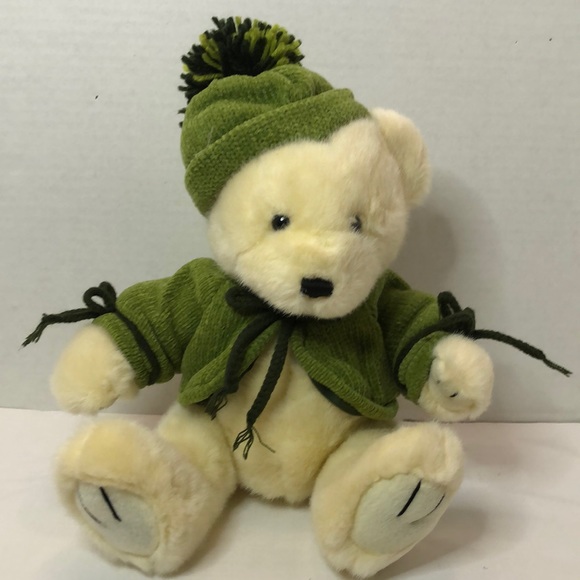DanDee Cream Teddy Bear in Green Chenille Jacket and Hat - Picture 1 of 5